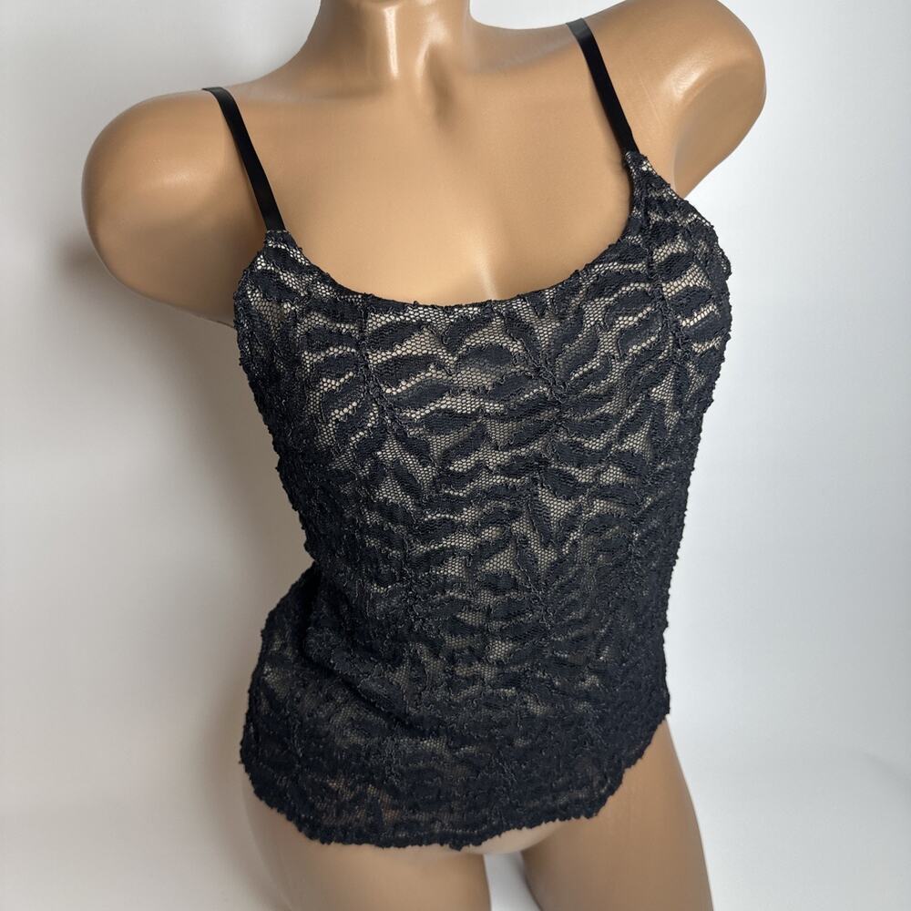 Vintage Y2K Black Lace Mesh Tank Top Size M Sheer Floral Print Cami Coquette EUC